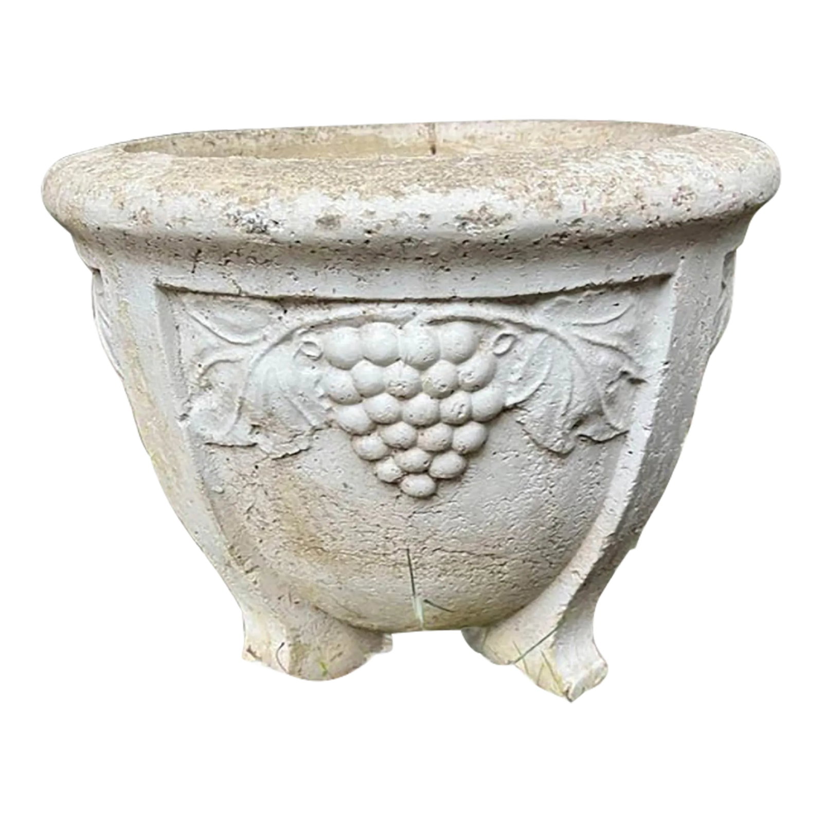 Vintage Cast Cement Large Garden Urn: Vintage Cast cement planter with relief grape and leaf design. Good condition, there is no cracks or chips, some wear due to age and use. Approximate measurements: Height 14" diameter 20". Very Heavy.