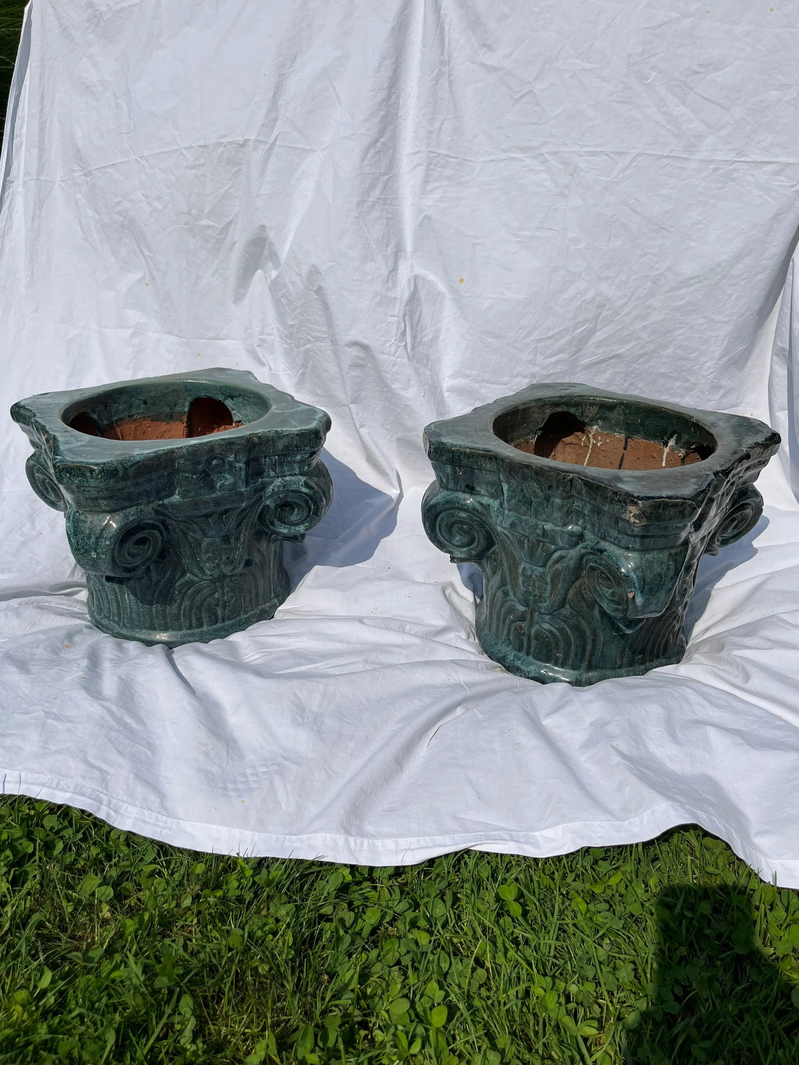 Terracotta Column Capital Planters a Pair - 2