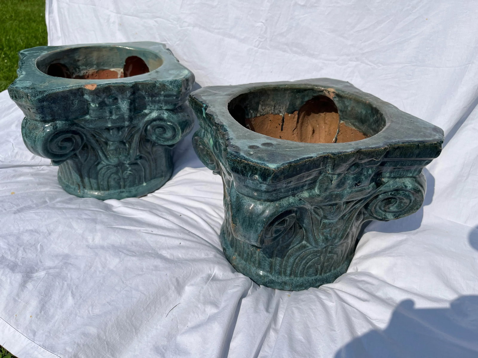 Terracotta Column Capital Planters a Pair - 7