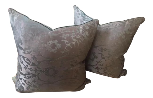 Green/Blue Silk Leathered Damask Pillows - a Pair: Pair of green/blue silk damask pillows. The pair is from the 1980s. Condition: Alterations: Original Condition Unaltered Imperfections: Some Imperfections Condition Notes: Excellent ! Materials &