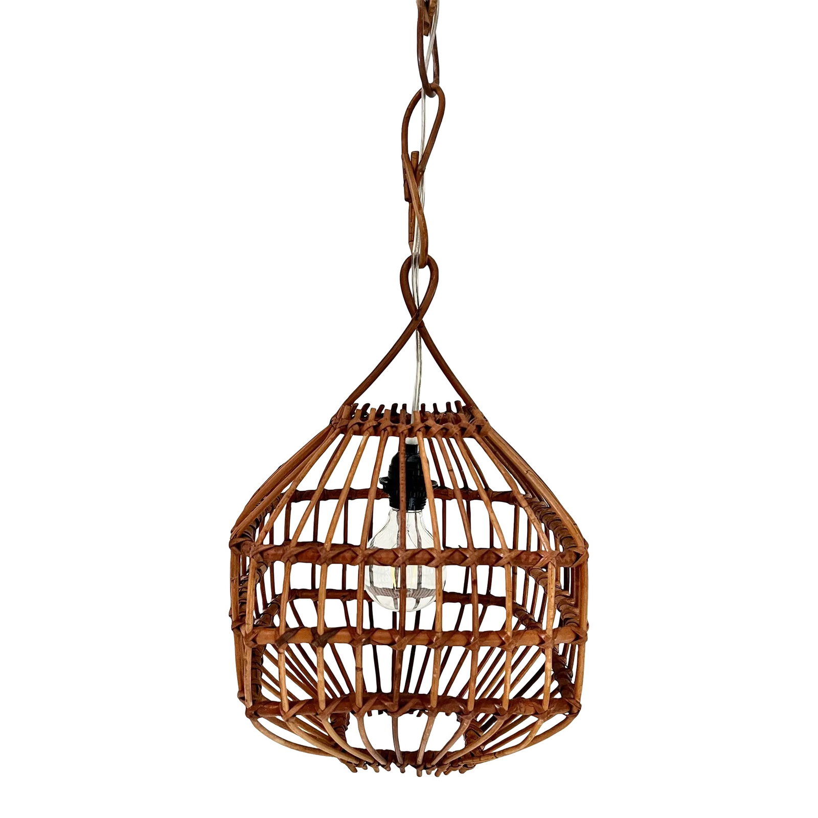 Vintage Mid Century Italian Bamboo Pendant Ceiling Light: A vintage mid century Italian Bamboo pendant ceiling light. Mid size light with a very original squared domed shaped of about 11 1/2 inches. Total height to the hook approximately 17 1/2" Bamboo chain