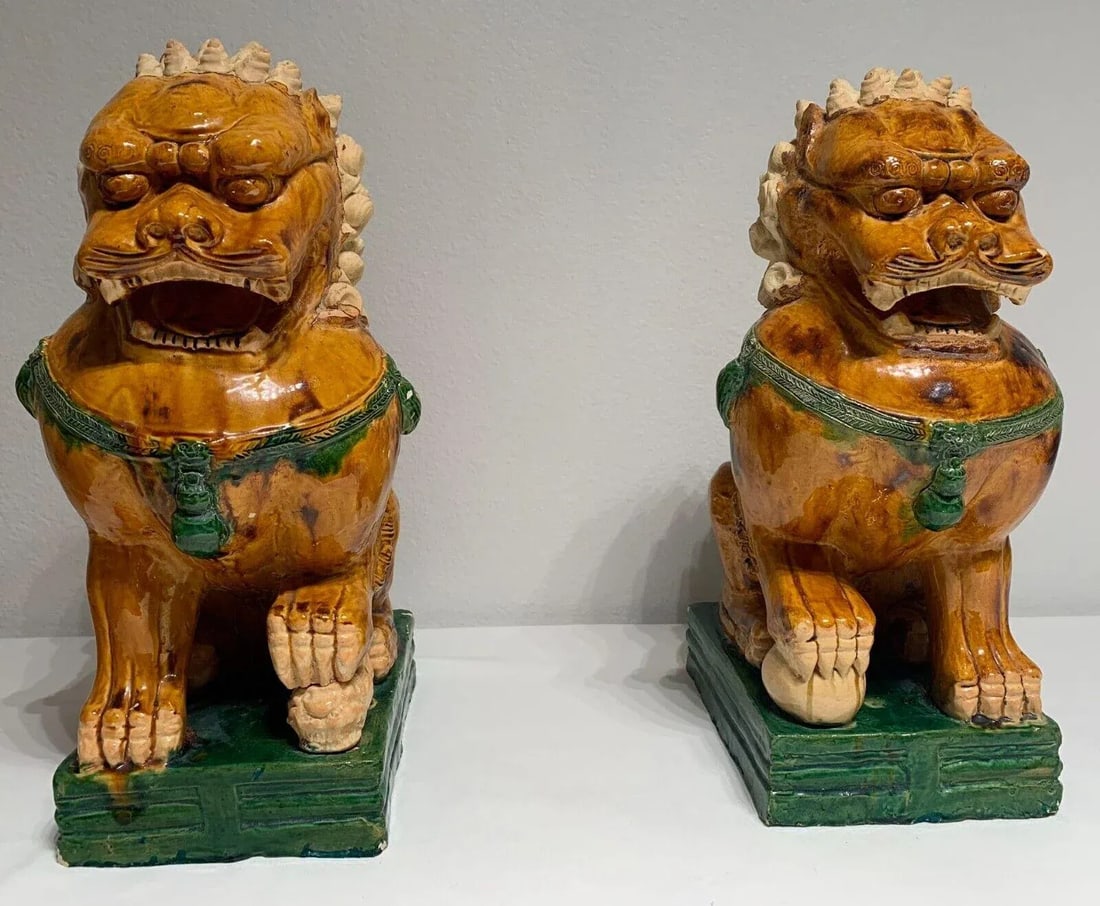 Antique Ceramic Glazed Pair of Foo Dogs - 12