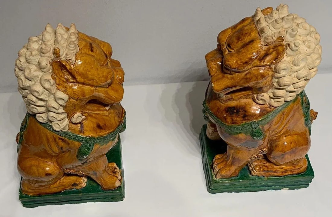 Antique Ceramic Glazed Pair of Foo Dogs - 2