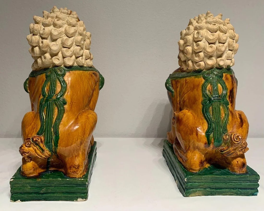 Antique Ceramic Glazed Pair of Foo Dogs - 3