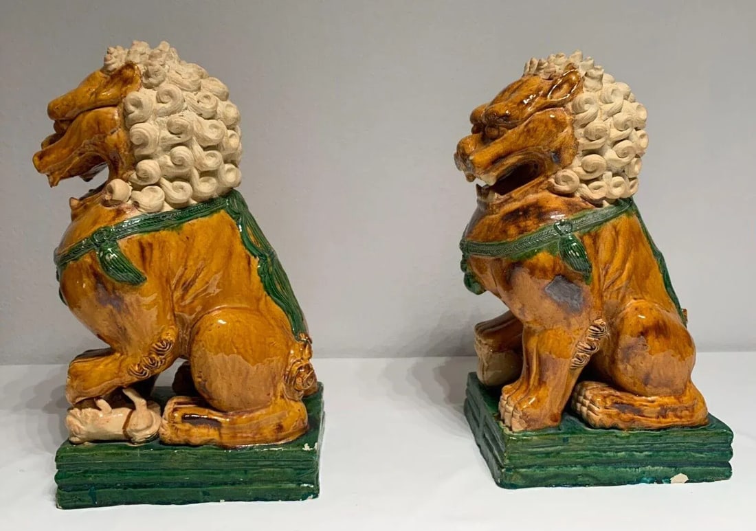 Antique Ceramic Glazed Pair of Foo Dogs - 4