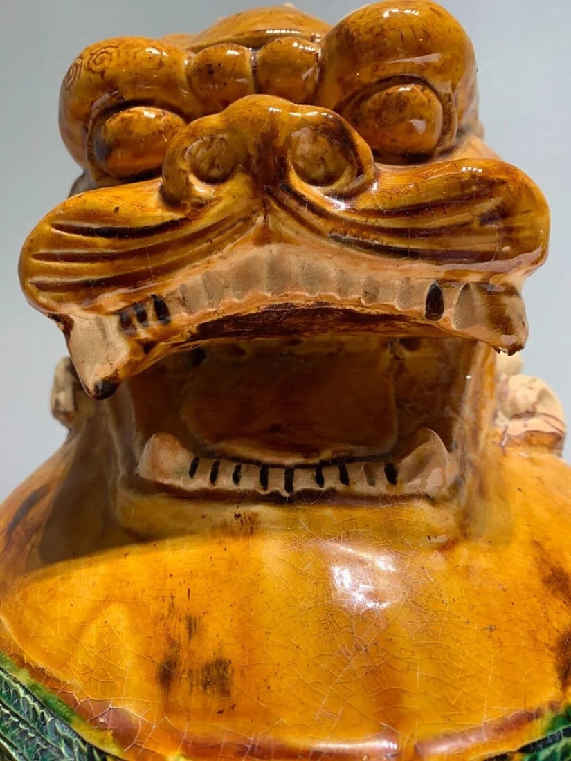 Antique Ceramic Glazed Pair of Foo Dogs - 6