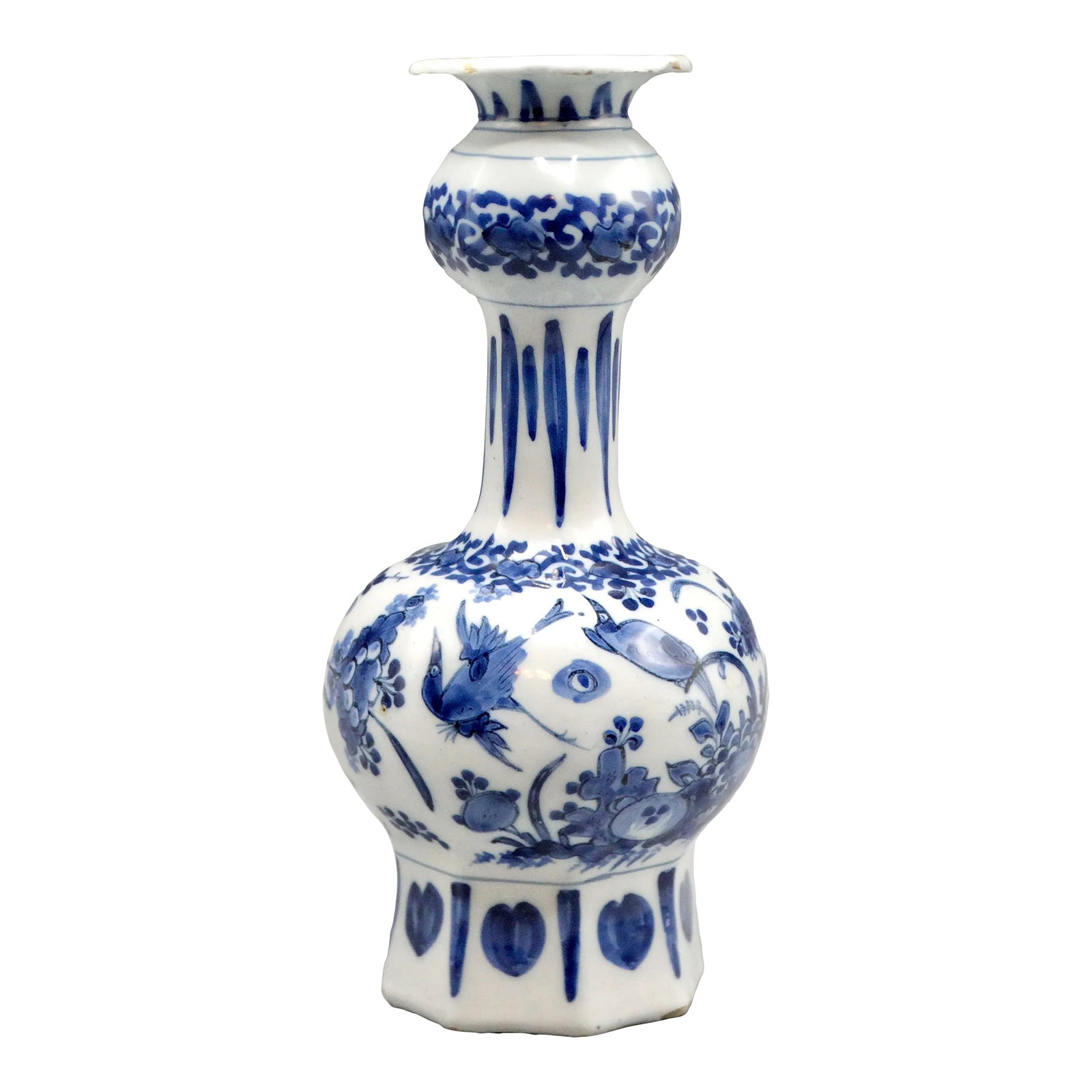 19th-Century Dutch Delft Vase With Birds: A 19th-Century Dutch Delft faience vase with birds, geometric, floral and foliate design. This lovely hand painted blue and white vase is called a baluster or garlic neck vase. It is a rare size and