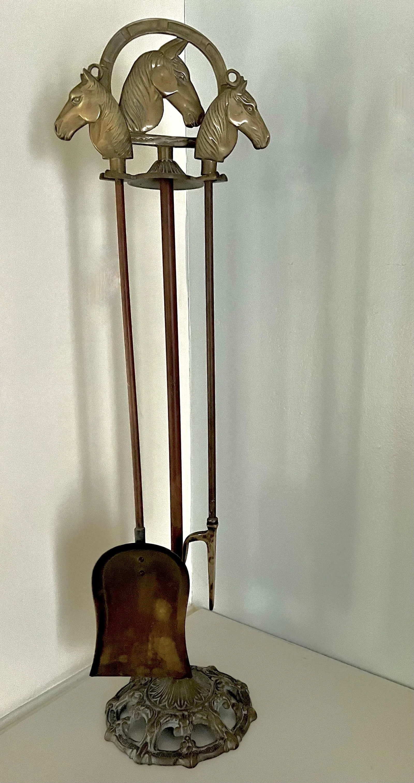 Solid Brass Fireplace Tools with Horse Head Handles & Stand - Set of 3 - 10