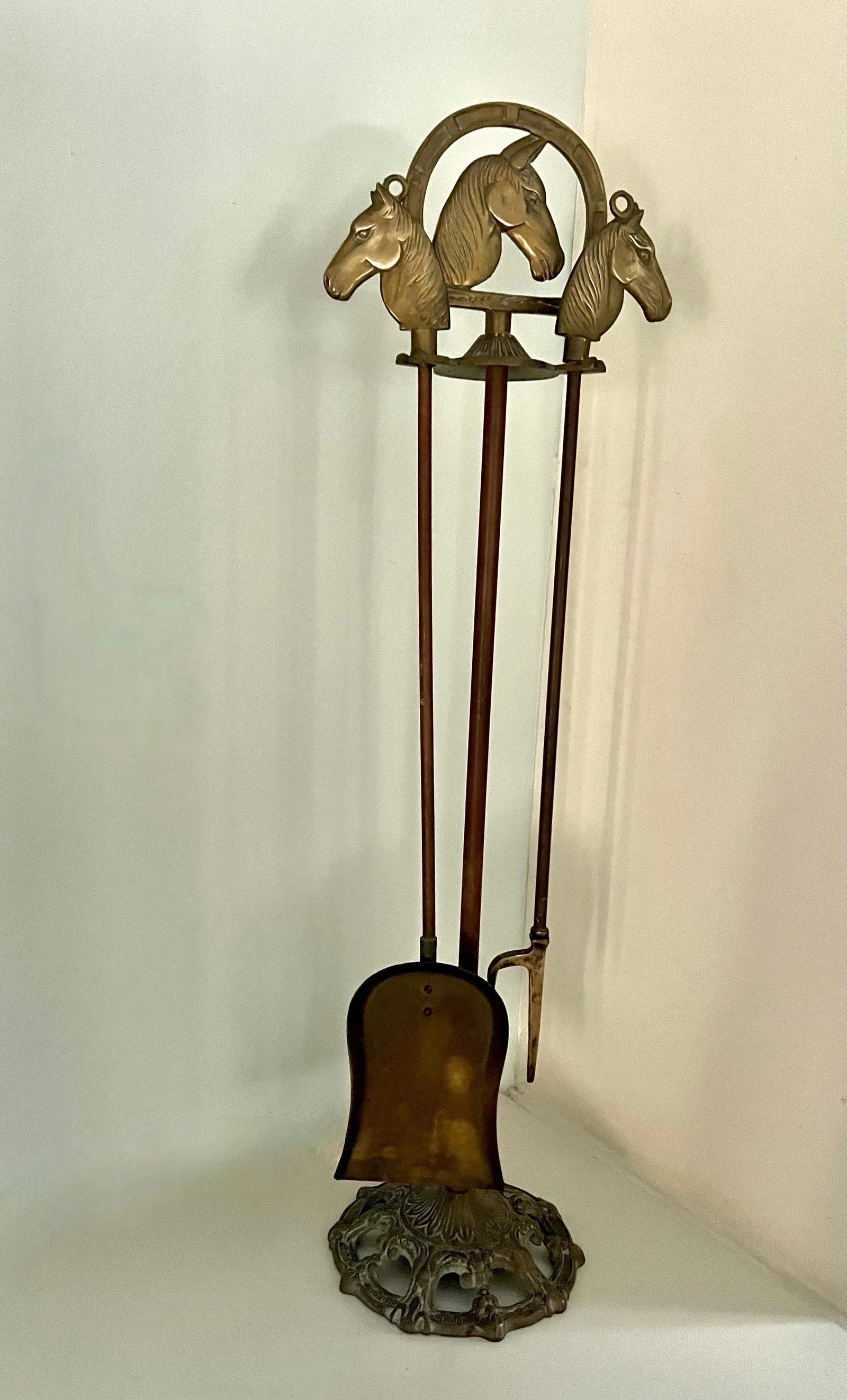 Solid Brass Fireplace Tools with Horse Head Handles & Stand - Set of 3 - 11