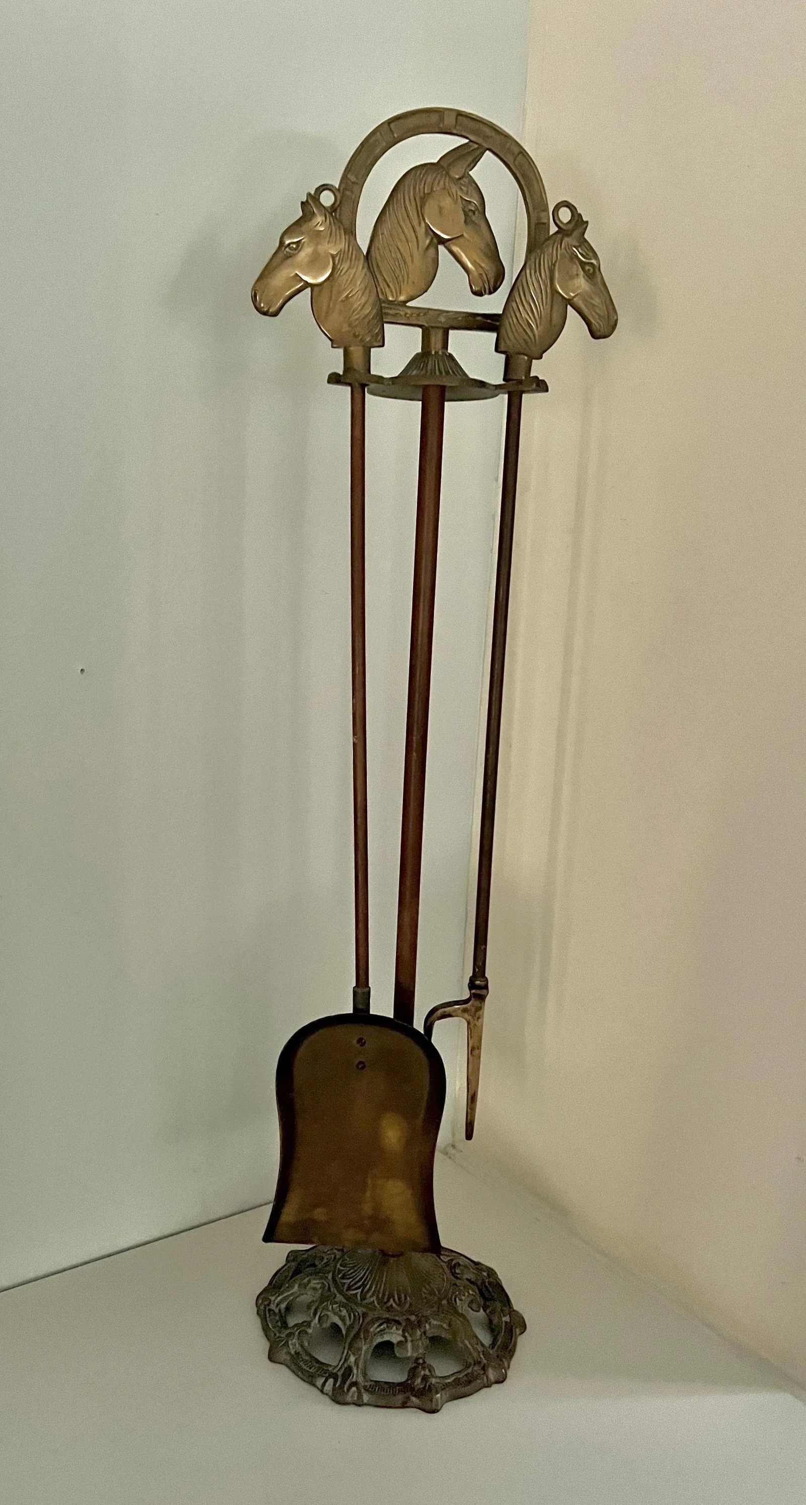 Solid Brass Fireplace Tools with Horse Head Handles & Stand - Set of 3 - 12