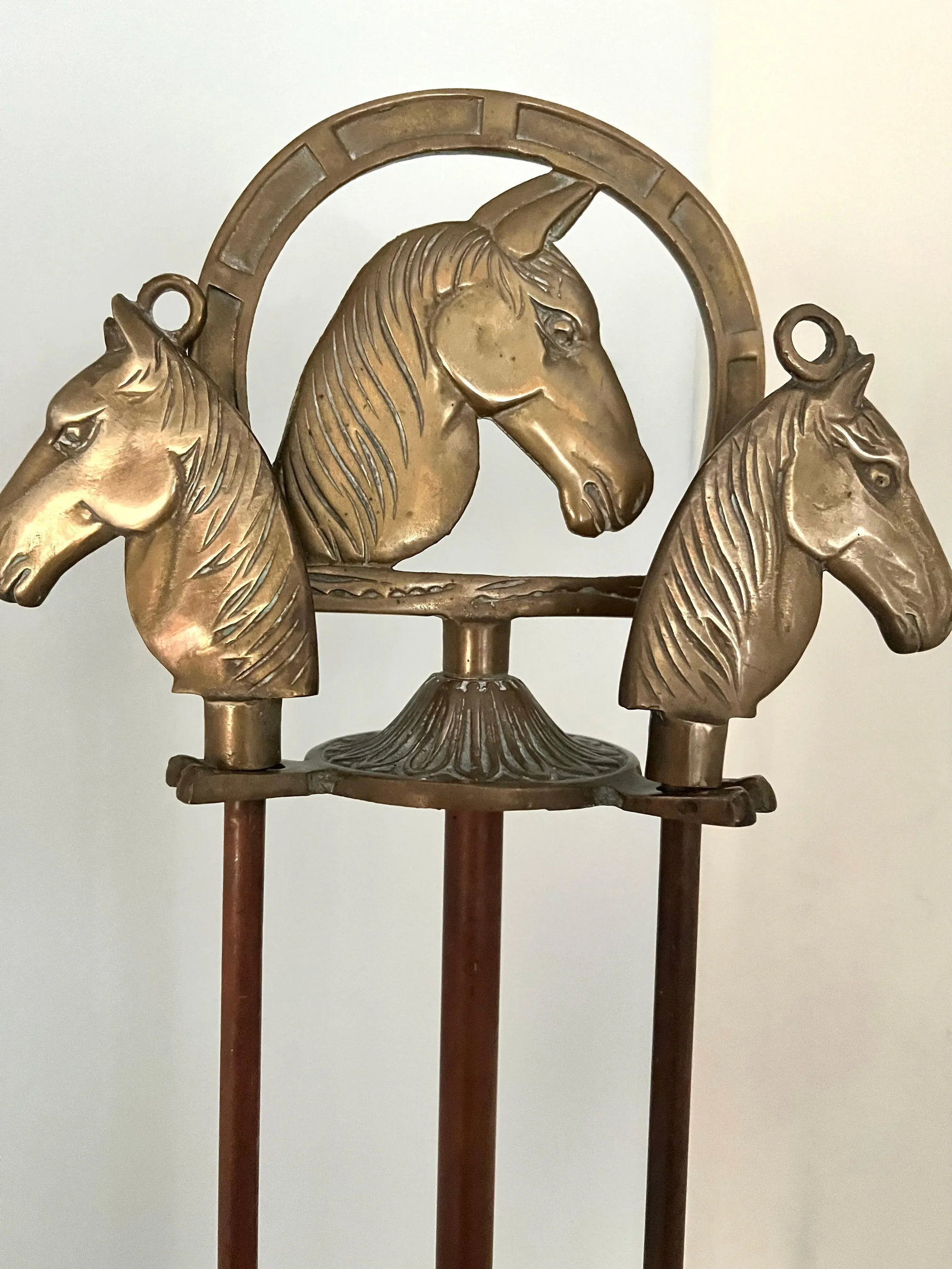Solid Brass Fireplace Tools with Horse Head Handles & Stand - Set of 3 - 2