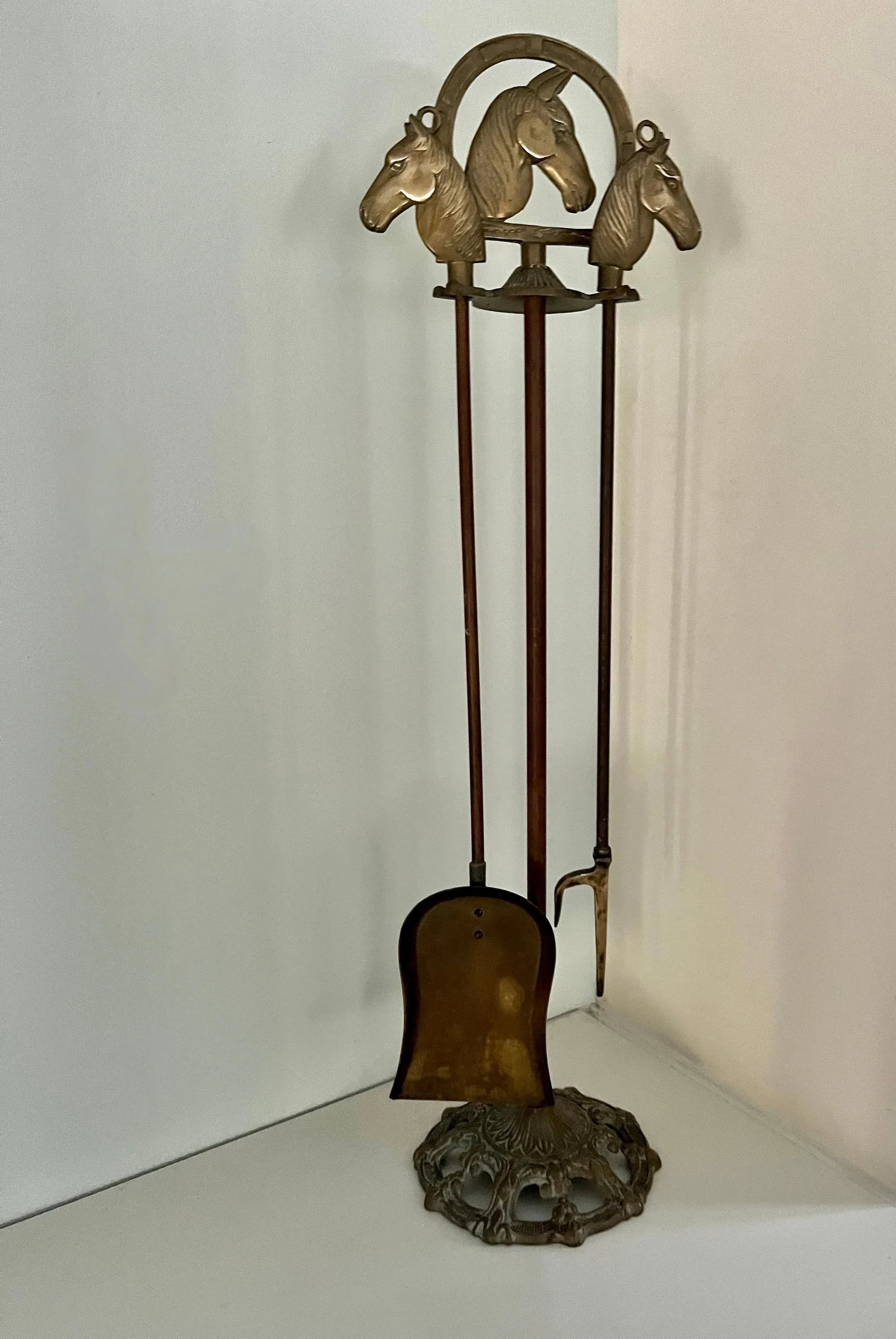 Solid Brass Fireplace Tools with Horse Head Handles & Stand - Set of 3 - 4