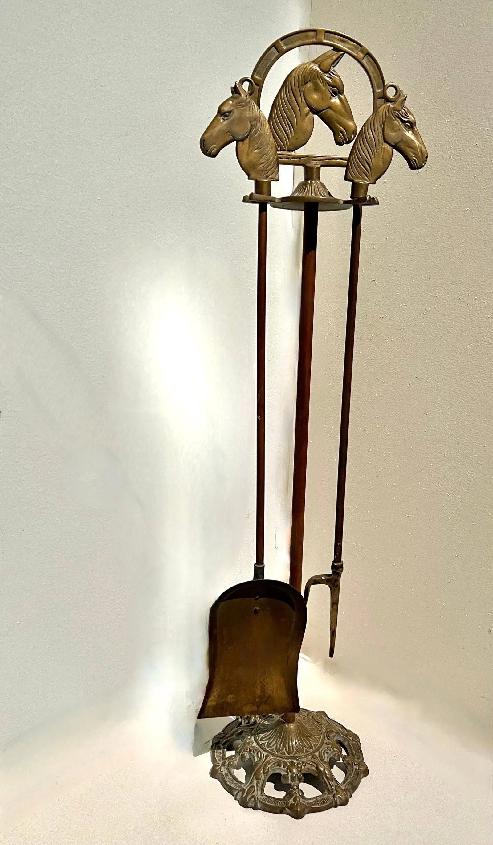 Solid Brass Fireplace Tools with Horse Head Handles & Stand - Set of 3 - 6