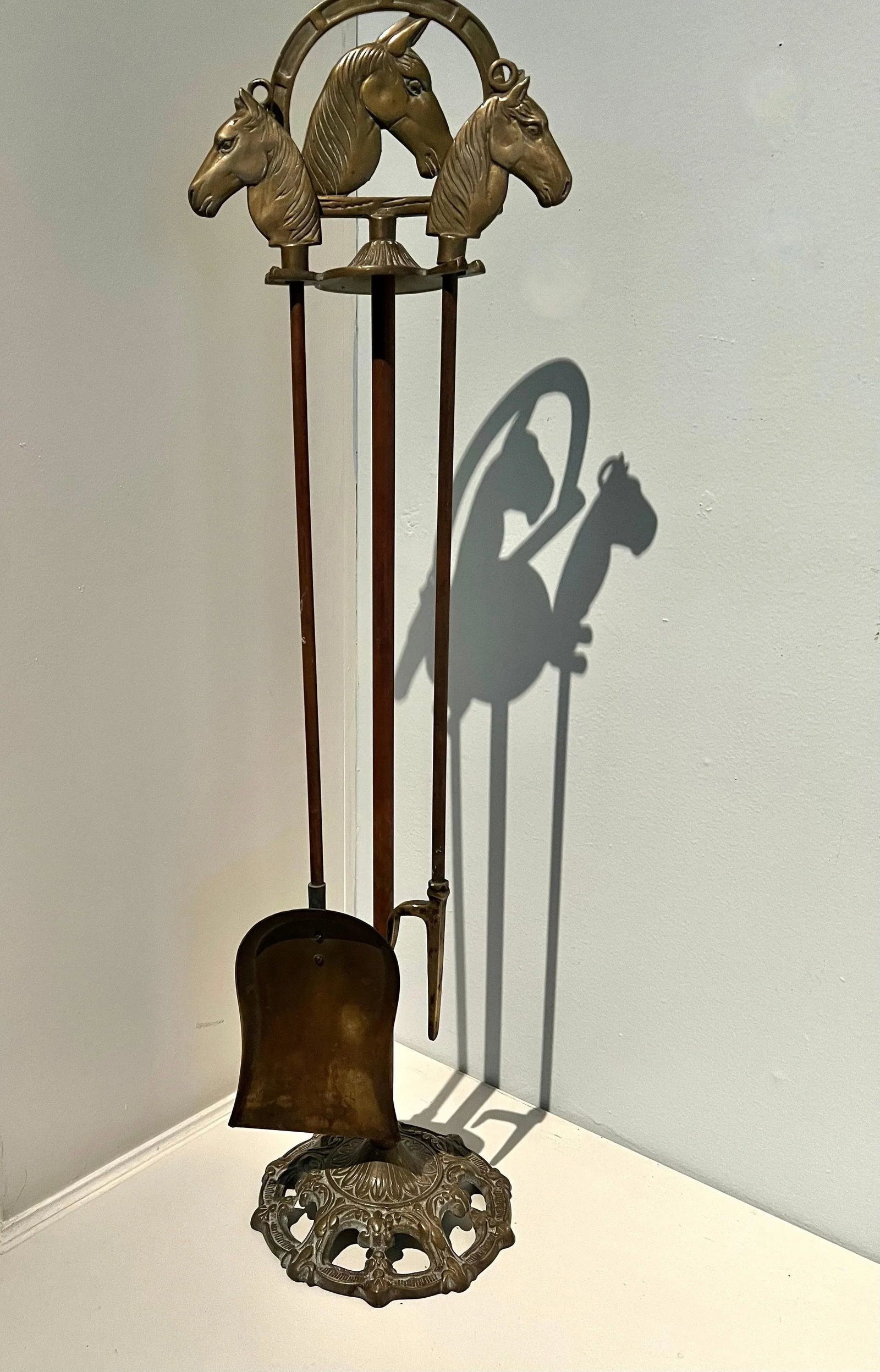 Solid Brass Fireplace Tools with Horse Head Handles & Stand - Set of 3 - 7