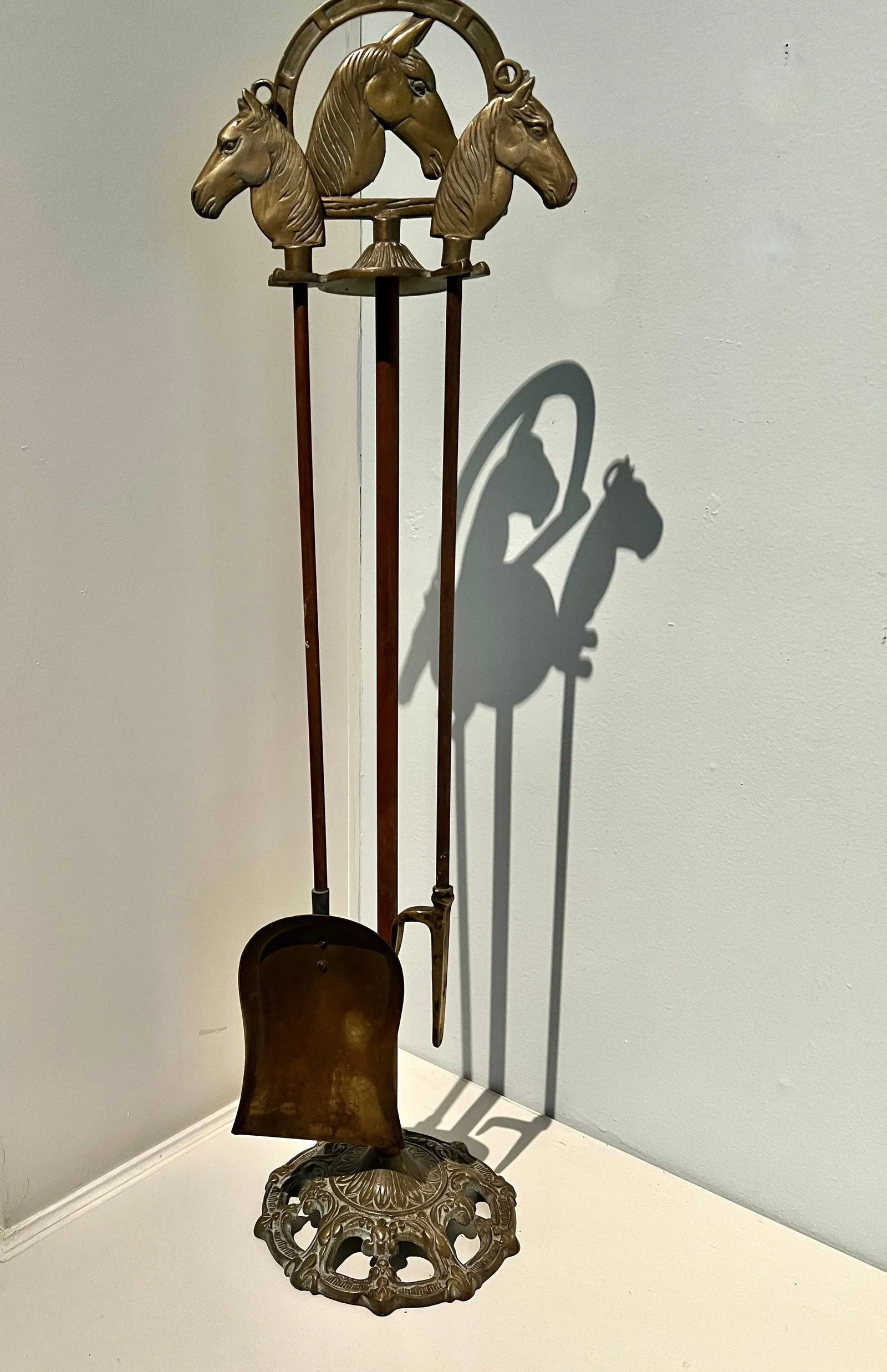 Solid Brass Fireplace Tools with Horse Head Handles & Stand - Set of 3 - 8