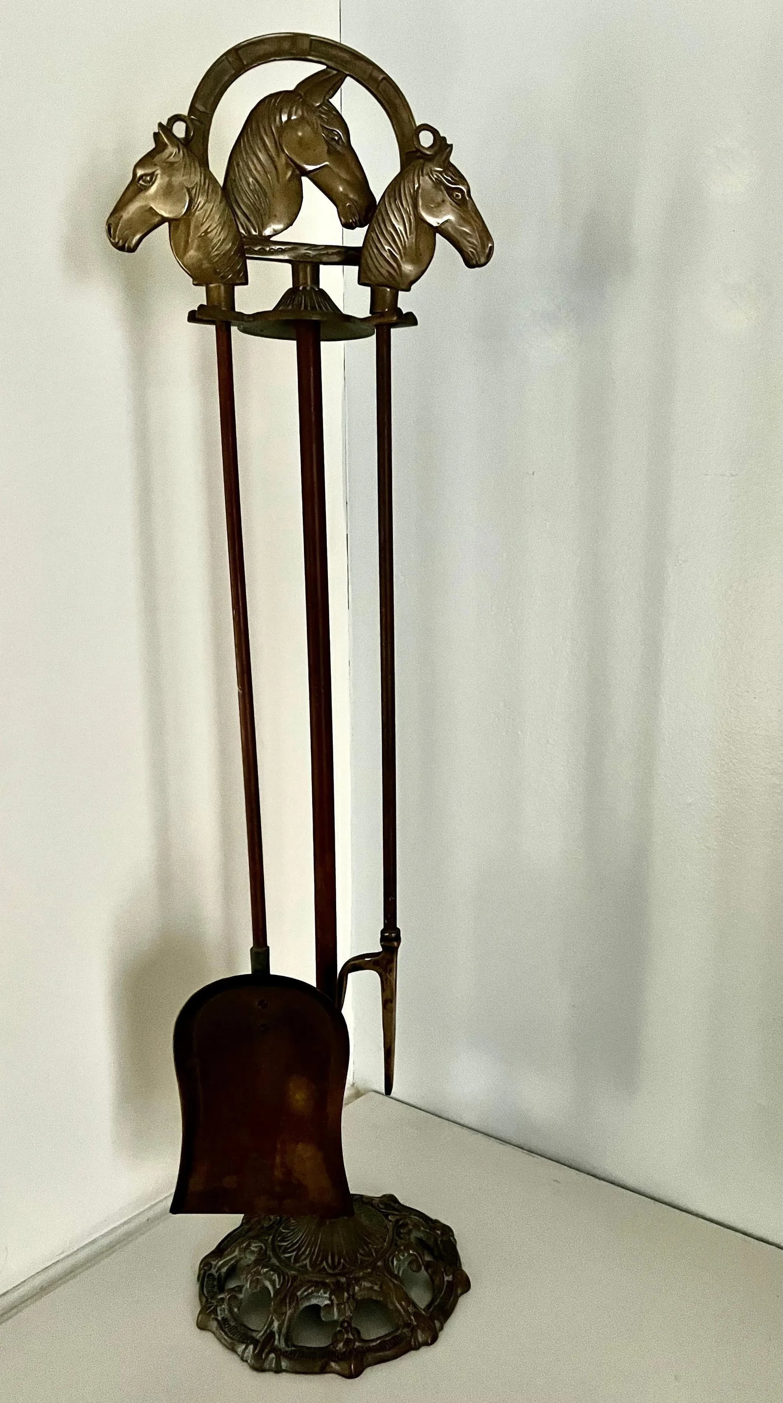 Solid Brass Fireplace Tools with Horse Head Handles & Stand - Set of 3 - 9