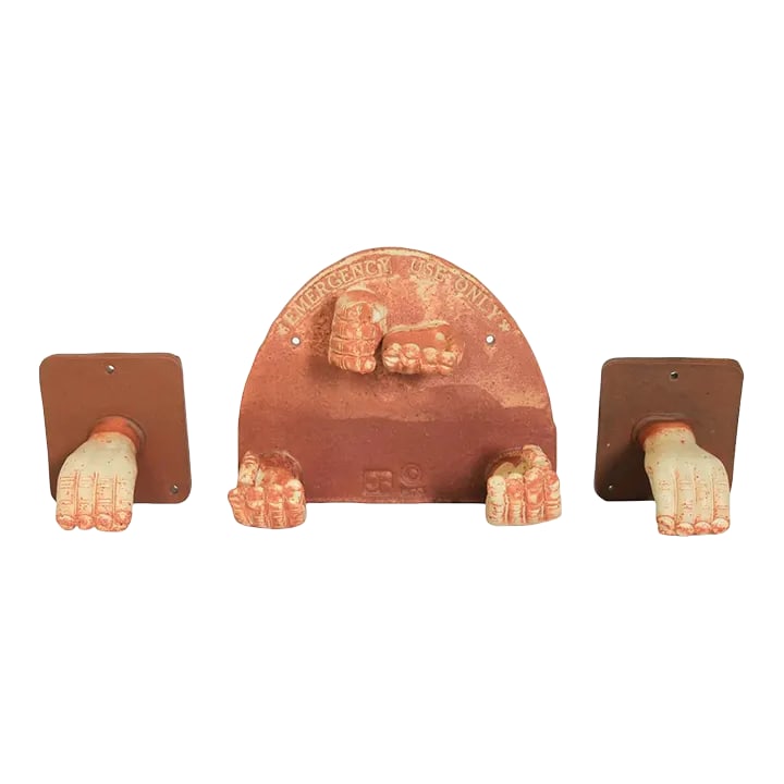 1970's Hands Pottery Wall Art by Jim Bailey: Mid-century pottery wall art of hands by artist Jim Bailey. Could be used as is for decorative wall art or serve as towel holders. Rod not included. The larger pieces states "For Emergency Use Only". 