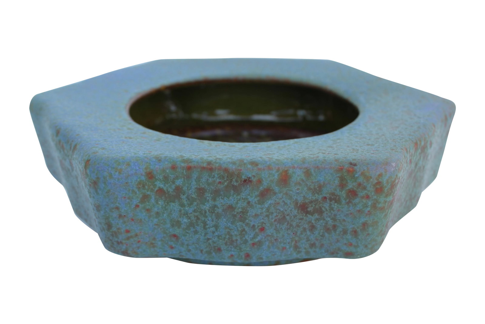 Honeycomb Italian Art Pottery Bowl: Vintage Raymor pottery bowl with a hexagon shape and Fantoni-esque form. This piece has the most beautiful glaze; a shiny brown and green interior and a frothy green matte exterior with blue and pops