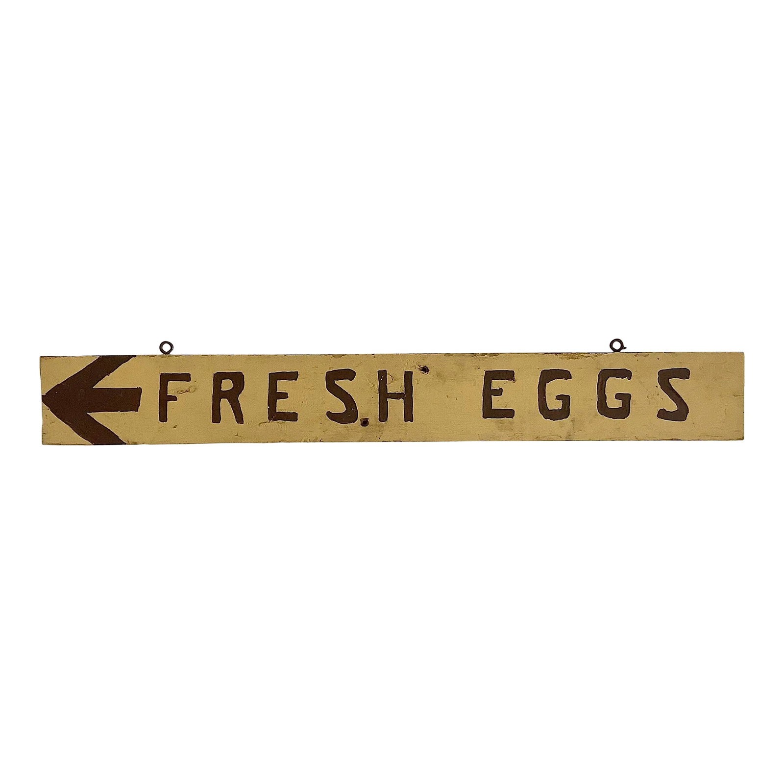 Vintage Fresh Eggs Hand Painted Farm Stand Sign: Circa 1940s hand painted on wood one sided brown lettering on gold Fresh Eggs farm stand sign with arrow. Sign has original eye hooks for hanging. Sign has wear from outdoor use, discolorations,