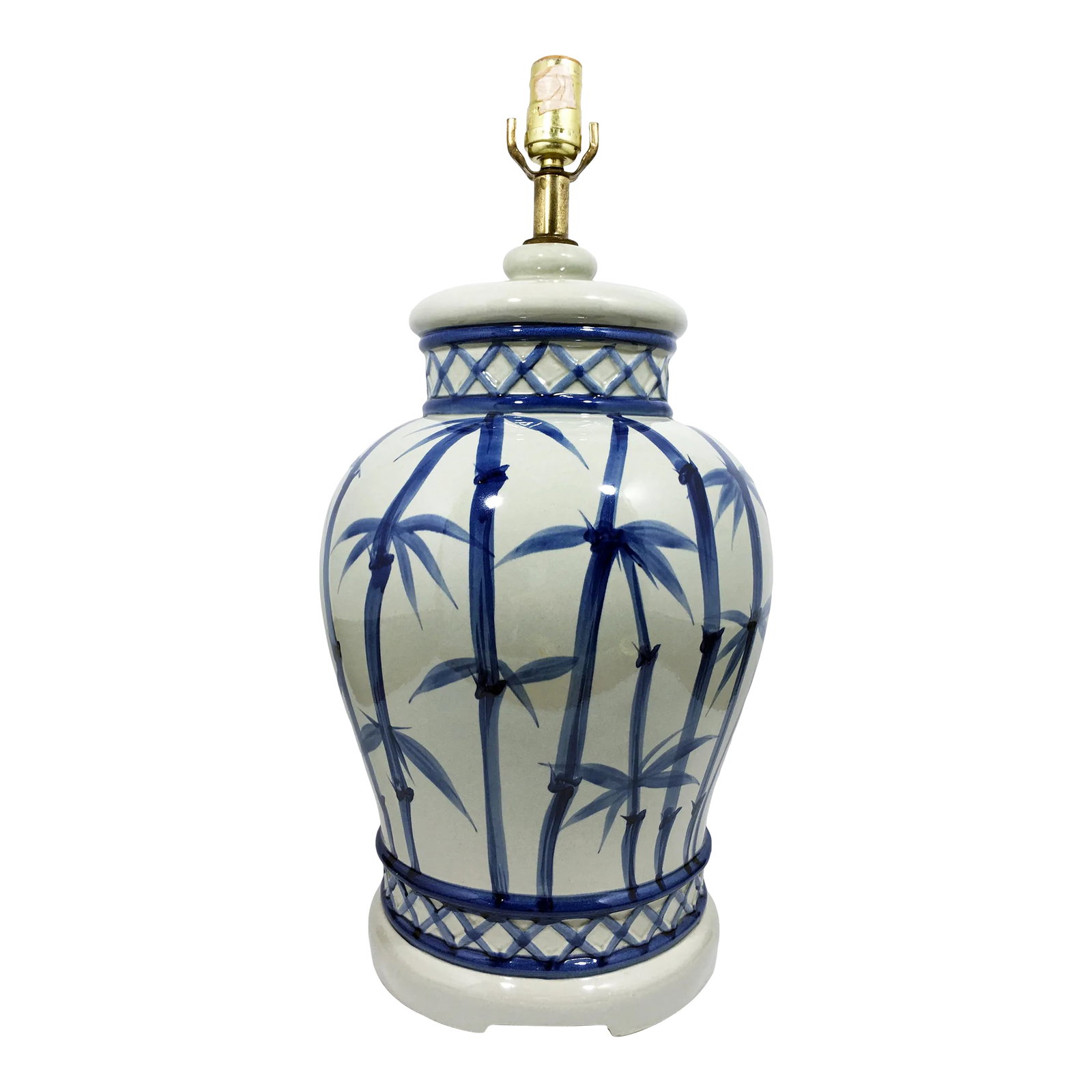 1970s Vintage Bamboo Hand Painted Ceramic Lamp: This Chinoiserie Ginger Jar style table lamp is hand-painted with bamboo shoots in shades of blue. The body is a neutral greige tone. Marked with a hand-painted "A" on the interior. Dimensions: