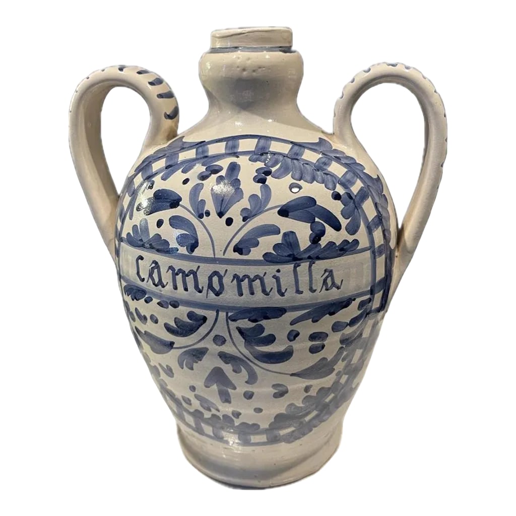 Antique 1910s French Blue & White Camomilla Apothecary Jar: Antique 1910s French Blue & White Camomilla Apothecary Jar Capture the timeless charm of a vintage French apothecary with this large Chamomile (Camomilla) terracotta vase, a beautifully crafted piece 
