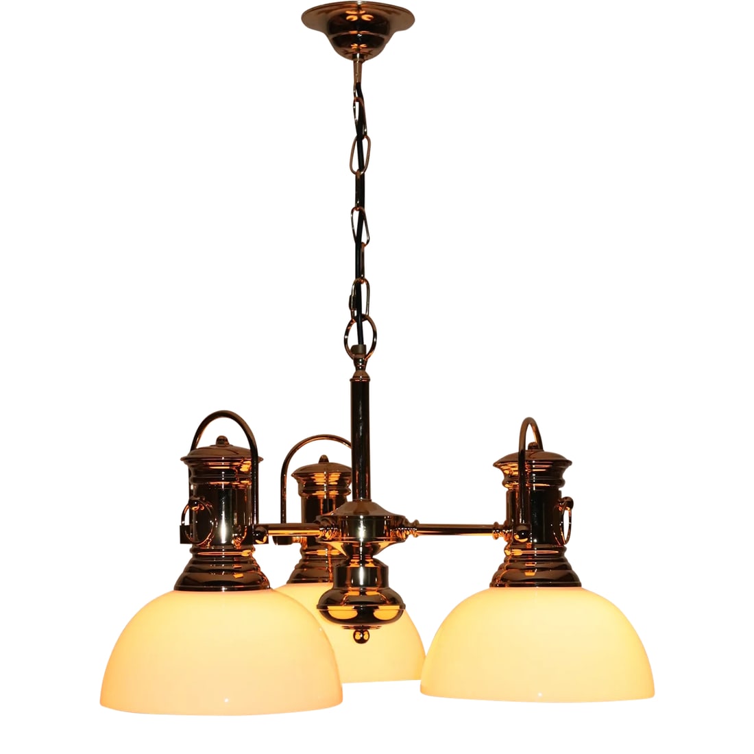 1990s Maritime Nostalgia Inspired Ship Pendant Lamp: "Urania" Pendant Gold Plated Brass Mounting. This is a Nostalgic Replica of a Ship's Interior Petroleum Lamp. Made in Italy by Elite Lumi. Dimensions: Diameter 23" X 23" X 40" Wattage: 3 X 100W E26