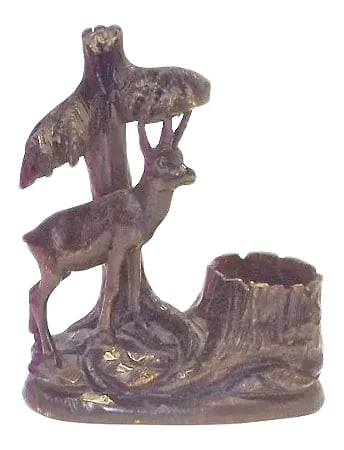 Antique Black Forest Chamois Matchstick Holder: Antique, German, hand-carved, Black Forest, chamois, matchstick holder. Depicts a hand-carved deer in a forest with a carved out stump cachepot to hold the matchsticks. Hand-carved "Geneve" on the