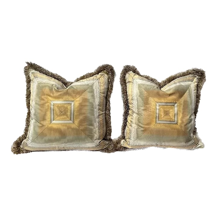 Pair of Moire'd Pillows With Concentric Stitching Loop Brush Fringe Down and Feather Fill: Pair of Moire'd Pillows With Concentric Stitching on front and striped version on the back side. Loop Brush Fringe down and feather fill. zipper closures. Condition: Alterations: Original Condition