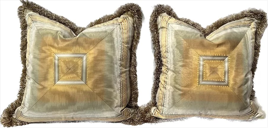 Pair of Moire'd Pillows With Concentric Stitching Loop Brush Fringe Down and Feather Fill - 2
