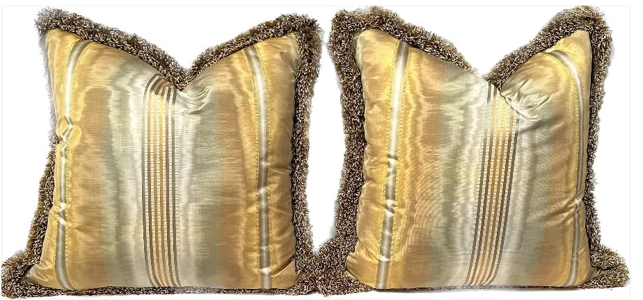 Pair of Moire'd Pillows With Concentric Stitching Loop Brush Fringe Down and Feather Fill - 3