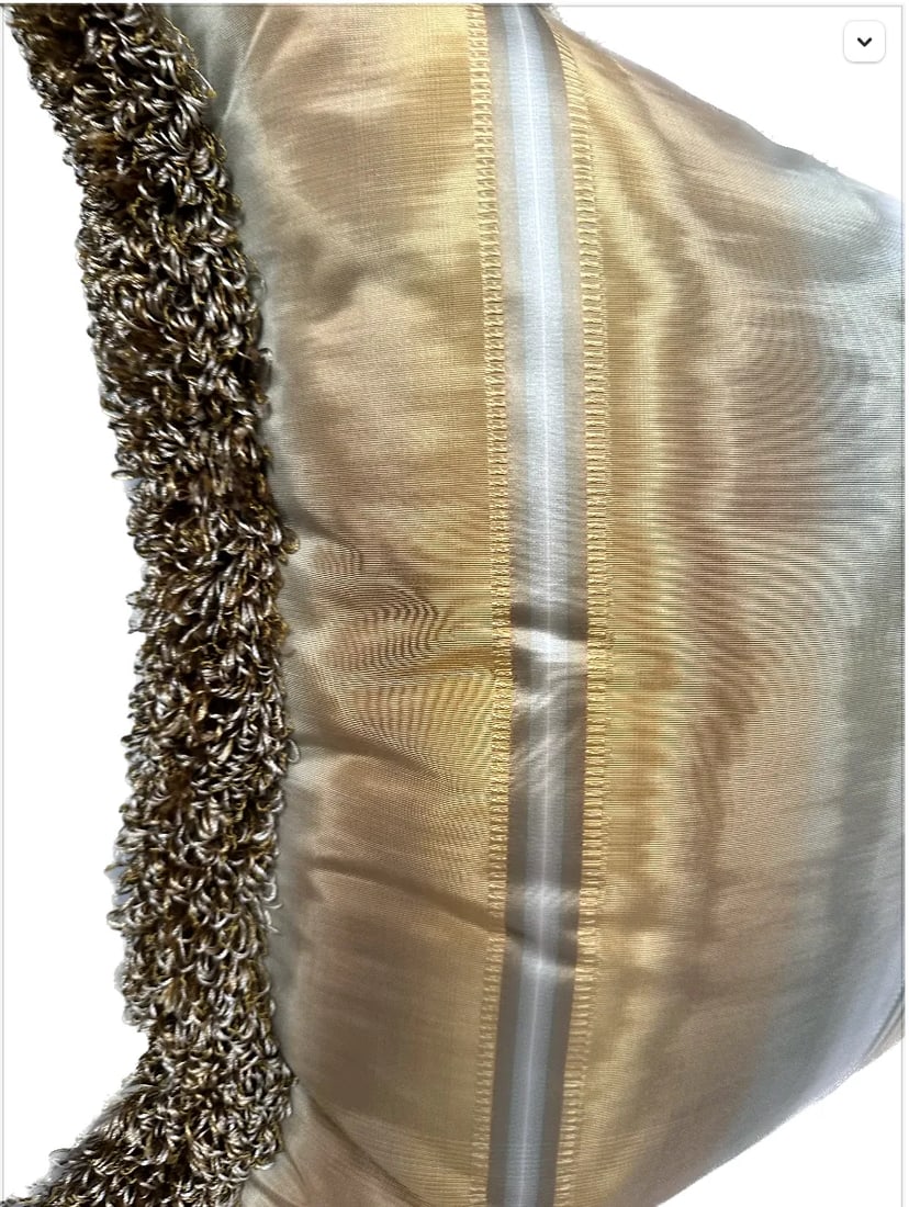 Pair of Moire'd Pillows With Concentric Stitching Loop Brush Fringe Down and Feather Fill - 4