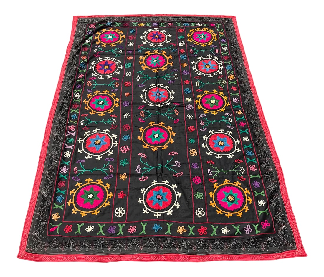 Needlework Crochet Black Suzani: Perfect BLACK SUZANI FABRIC - Handmade Boho Bedspread - Vintage Table Cover - Wall Hanging * size 6.4 FT x 4.3 FT ( 197 CM x 133 CM ) * multi color - BLACK Background Bohemian Bedding * it is Original