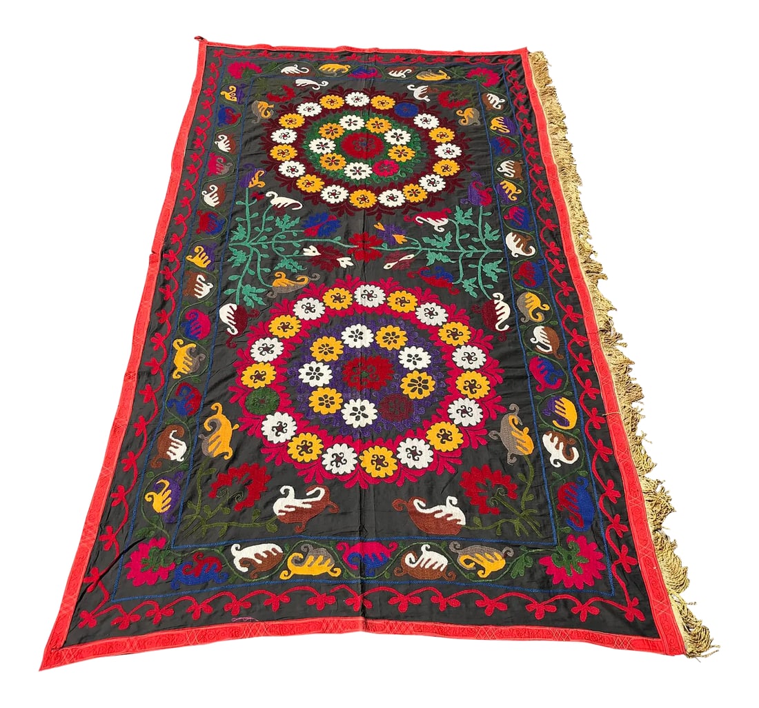 Handmade Black Suzani Yellow Tassel Bedspread: Black Handmade Bedspread - Suzani Table Cover * size 7.6 ft x 4.4 ft (233 cm x 136 cm) * multicolor and vintage * tablecloth, bedding or wall hanging * floral patterns with yellow tassel * perfect