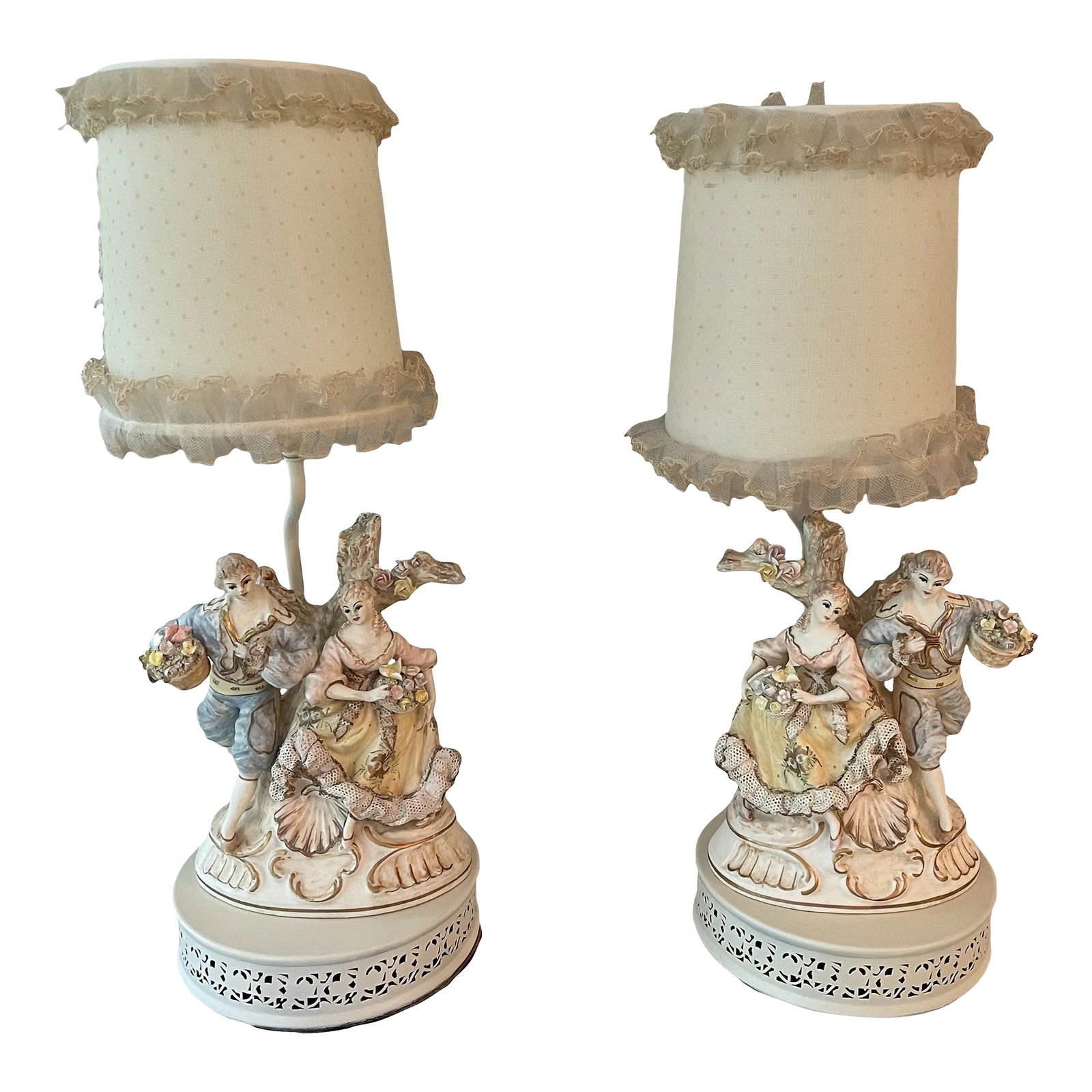 1940s French Style Figural Lamps - a Pair: Romantic Baroque style French figural couple can add French old world style to any room. These lamps have been refurbished to their former glory with newly refinished cream colored metal. One lamp