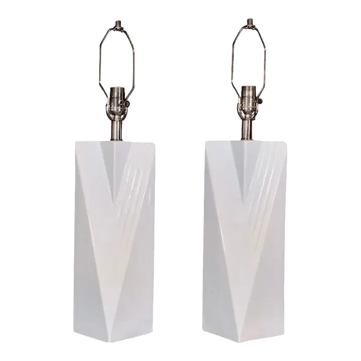 Pair of 1970s Hand Made Ceramic Bedside Lamps: This mid century modern white pair is hand crafted in Canada and fully re wired with a new heavy duty 3 way socket, with a regular 120 volt 2 prong plug for US receptacles, with subtle relief and set 