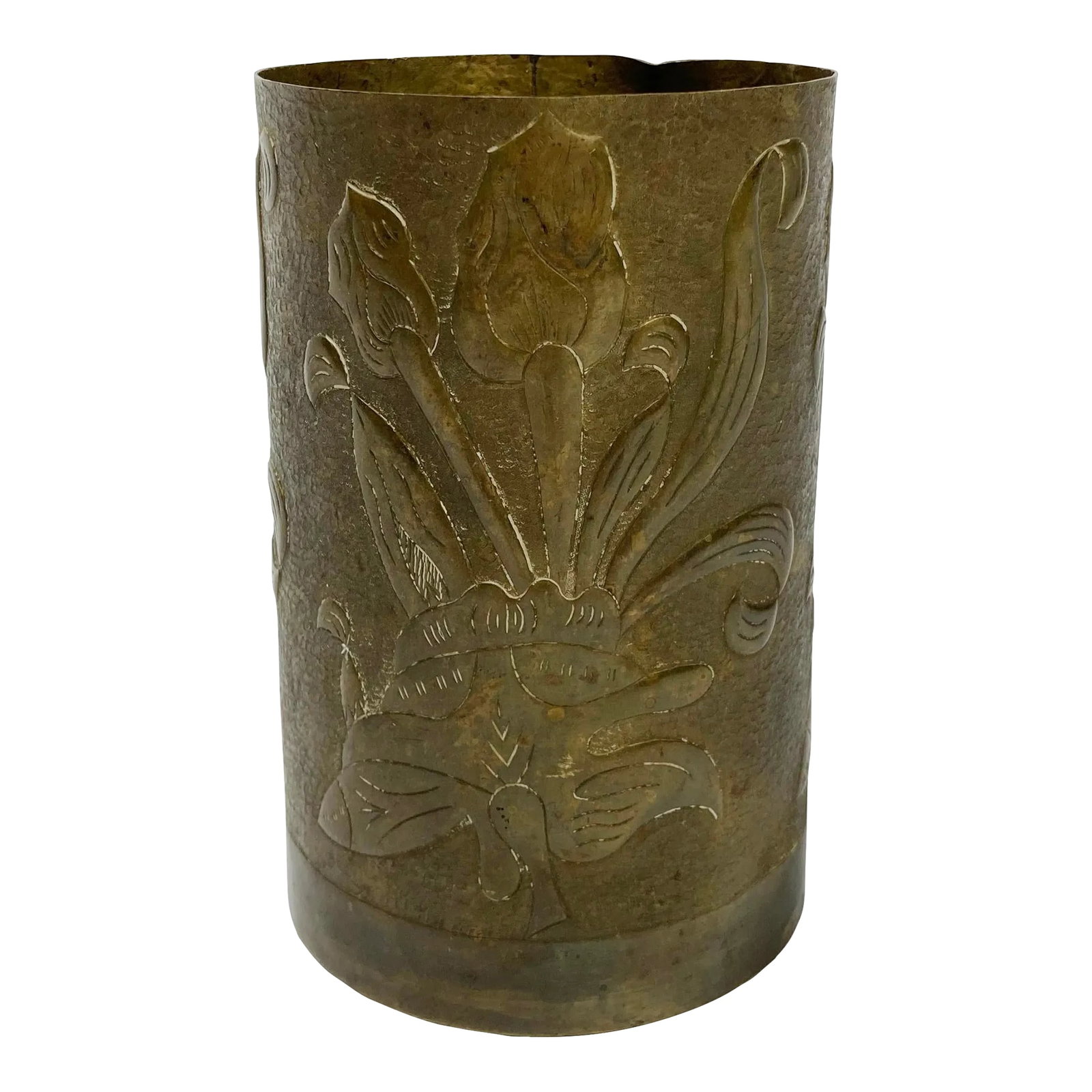 Antique Brass Trench Art Vessel: Vintage brass trench art vase vessel featuring hand-carved floral design on large artillery shell. Likely of French origin made during WWI or WWII. Unmarked by maker. Strong patina. Dents and minor