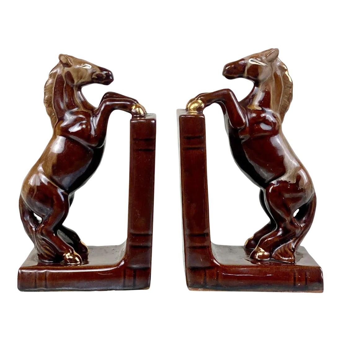 Mid-Century Drip Glazed Porcelain Rearing Horse Library Bookends - a Pair: Mid-Century Porcelain Rearing Horse Library Bookends, A Pair, c. Mid 20th Century - Pairs Nicely with Many Mid-Century Inspired Interiors - Crafted of Porcelain with an Original Drip Glazed Oxblood
