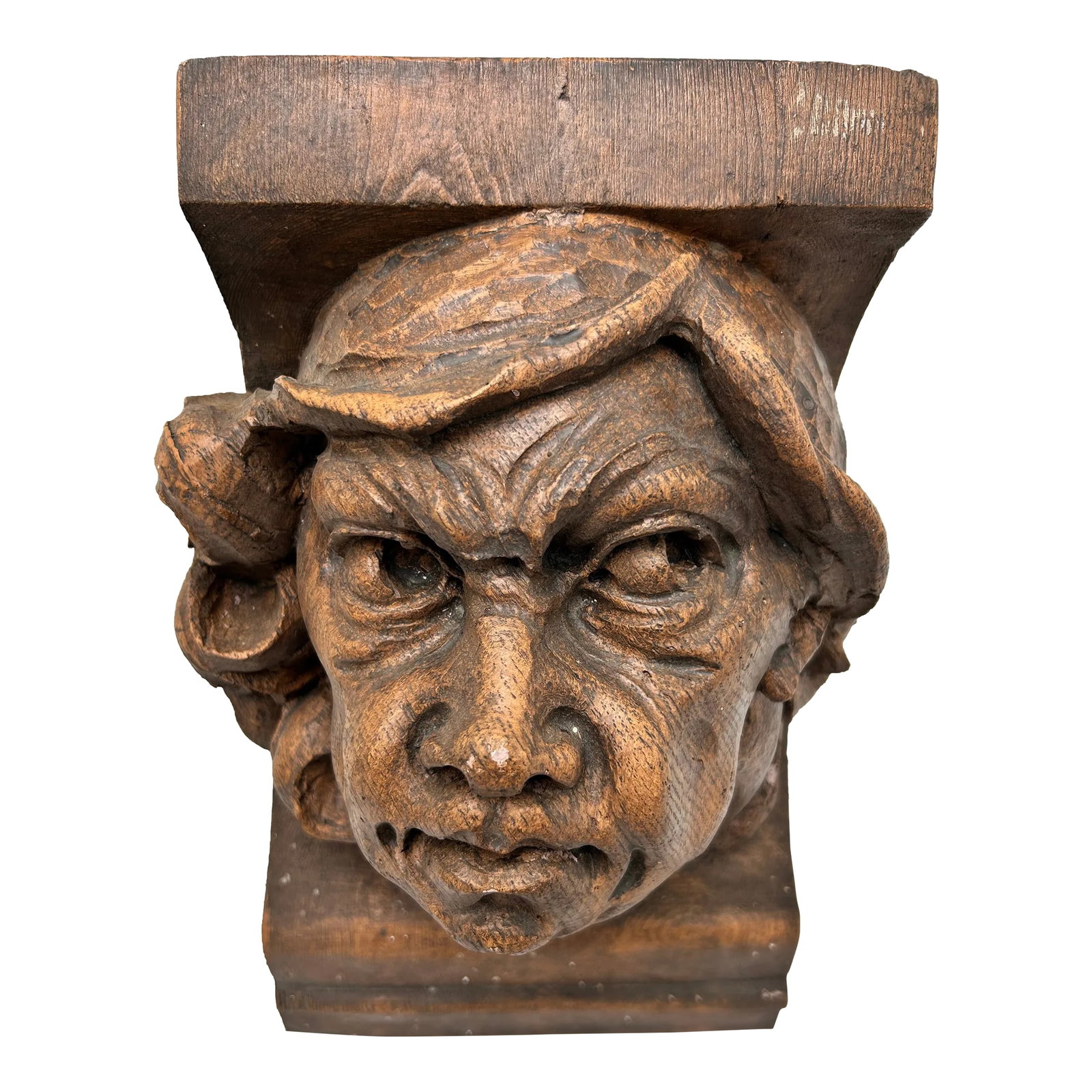Mid 20th Century Plaster Head Corbel: Plaster "suspicious looking" Head Corbel. Architectural Salvage piece. Could also be used as a small wall mount shelf for a plant, candle or statue. Wire on the back for hanging. Perfect for a