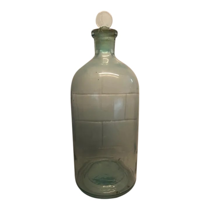 Vintage 1930s Glass Apothecary Bottle Jar: Vintage celadon green blue apothecary bottle with original glass top. The total height with top is 13 inches (12 inches without top/cap). Condition: Alterations: Original Condition Unaltered