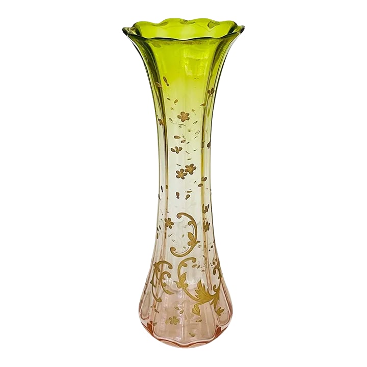 1930s Art Nouveau Glass Vase: Beautiful Art Nouveau pink to green glass vase with gilded enamel design of cherry blossoms. Condition: Alterations: Original Condition Unaltered Imperfections: Some Imperfections Condition Notes: