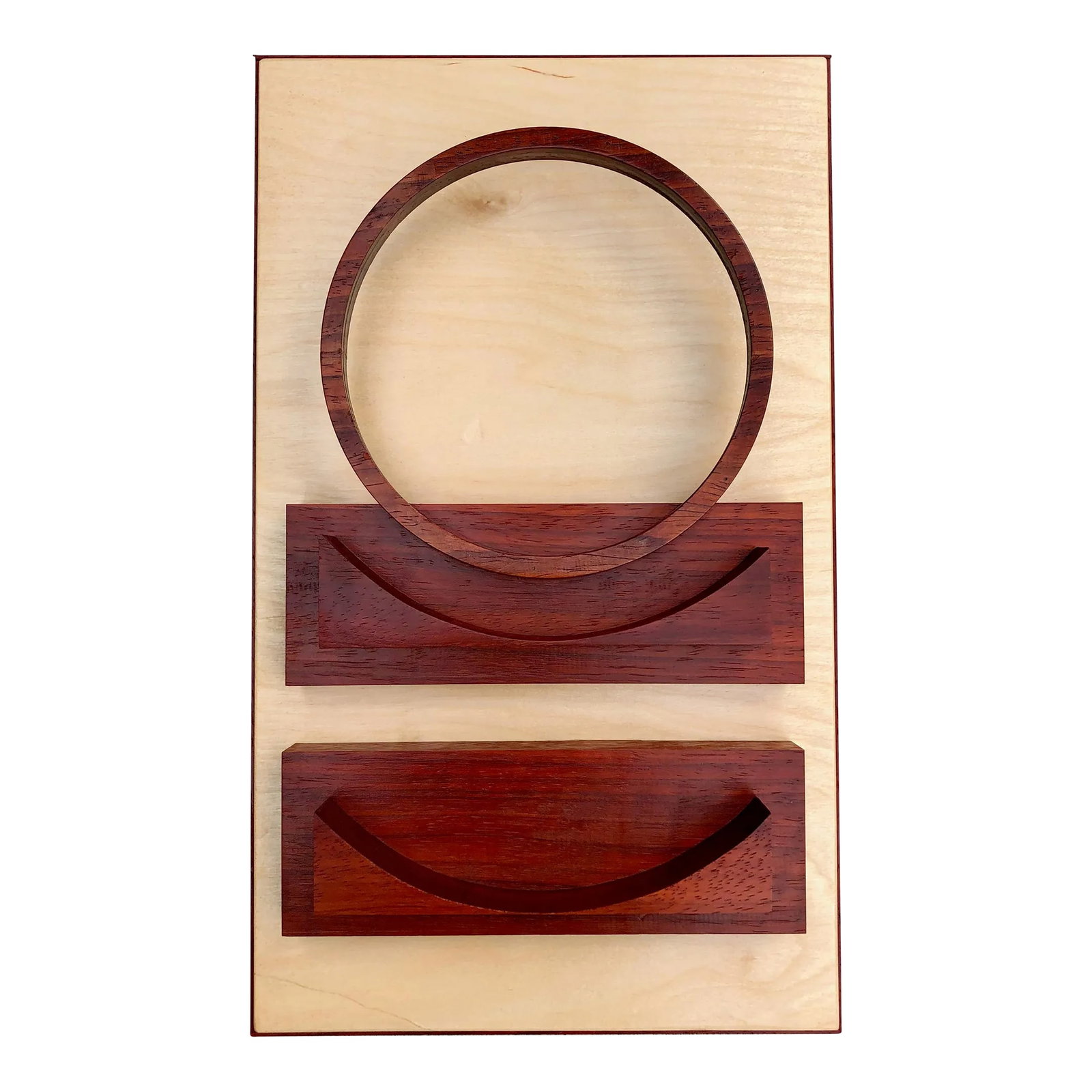 Contemporary Abstract Three Dimensional Geometric Wood Wall Sculpture: "Uplift" This one-of-a-kind piece was created to represent lifting others up and being lifted up. The padauk wood circle represents a person. The rectangular padauk wood pieces represent support. The 