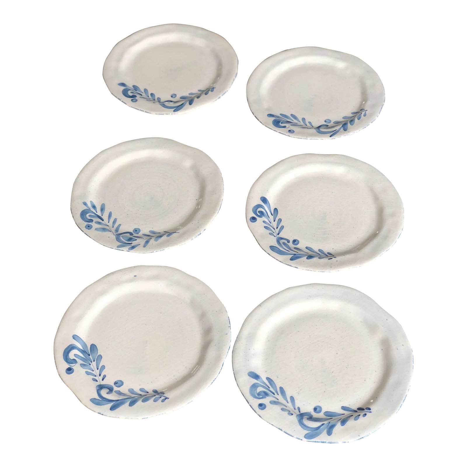 Vintage Hand-Crafted Italian Luncheon/Dessert Plates in Blue & White by Ceramiche Bizzirri-Set of 6: Beautiful handmade and hand-painted Italian folk pottery plates with a gorgeous blue floral leaf design. Each piece is a one of a kind. Because the pieces are handmade and hand-painted, I'd say it's