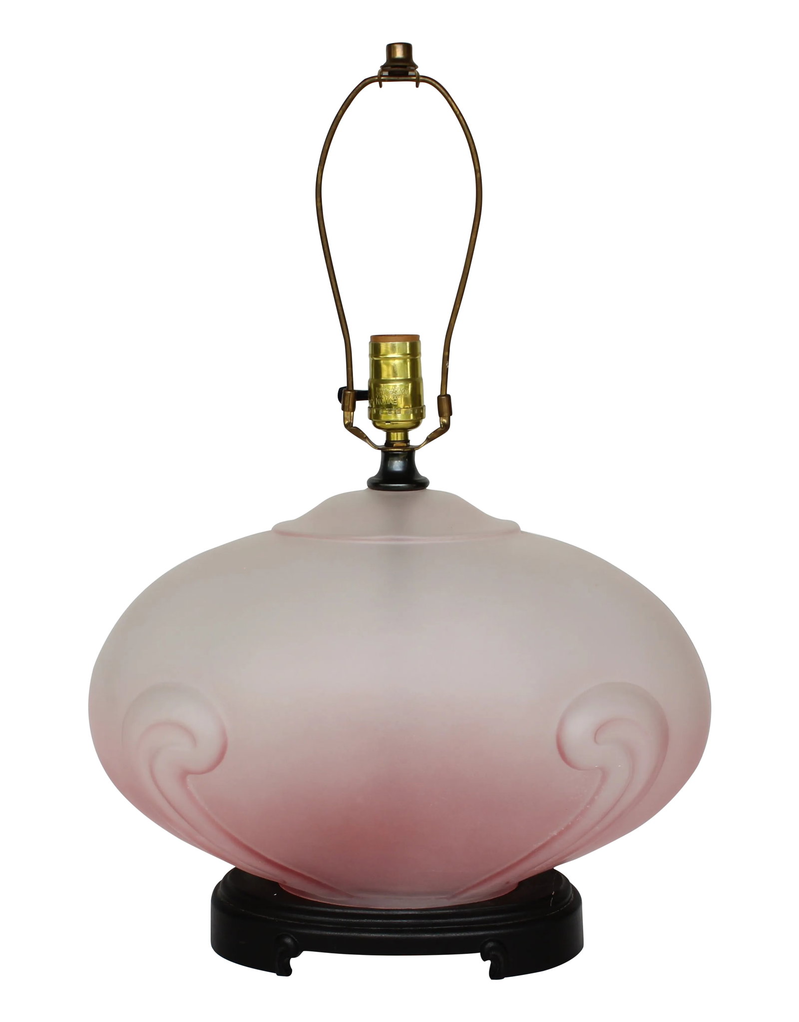 Ombre Pink Glass Bubble Table Lamp: This is a vintage molded glass table lamp with an applied matte finish in shades of pink. It was a black, Asian style base and an abstract double scroll design. It is 22" tall to the top of its