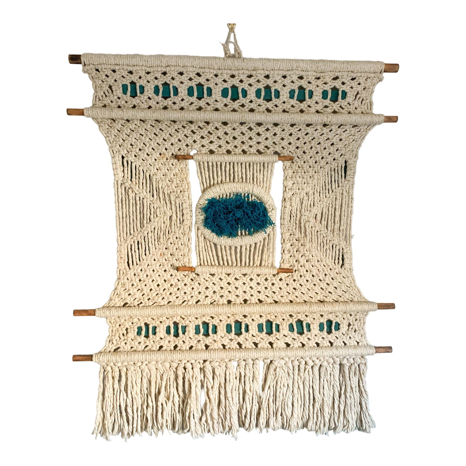 Large Vintage 70s Wall Hanging Art Weaving Tapestry Macrame: Incredible 70s mid century modern, handmade woven wall hanging. Great earthy tones with a pop of blue green. Massive! A true statement piece for any wall. Abstract textural goodness. Purchased from th