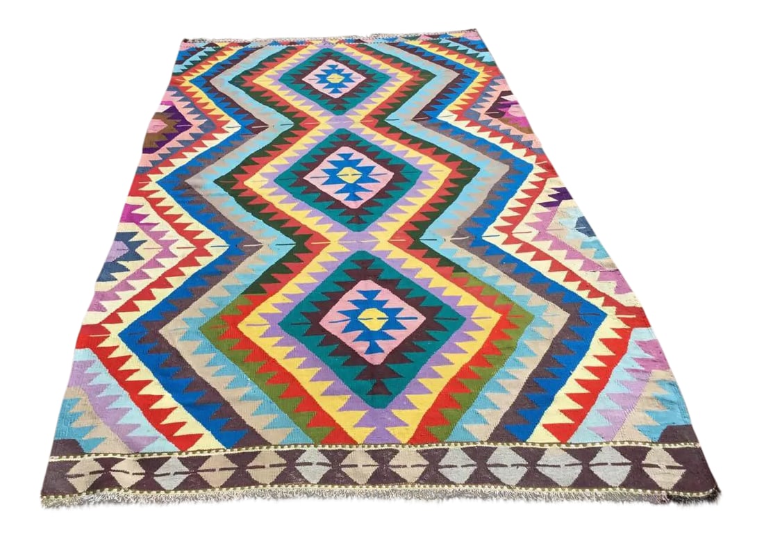 Vintage Turkish Kilim Rug - 74" X 115": This beautiful, vintage, handwoven Kilim is approximately 60 years old. It is handmade, of very fine quality wool, cotton and acrylic. It has been professionally cleaned and is ready to use. The