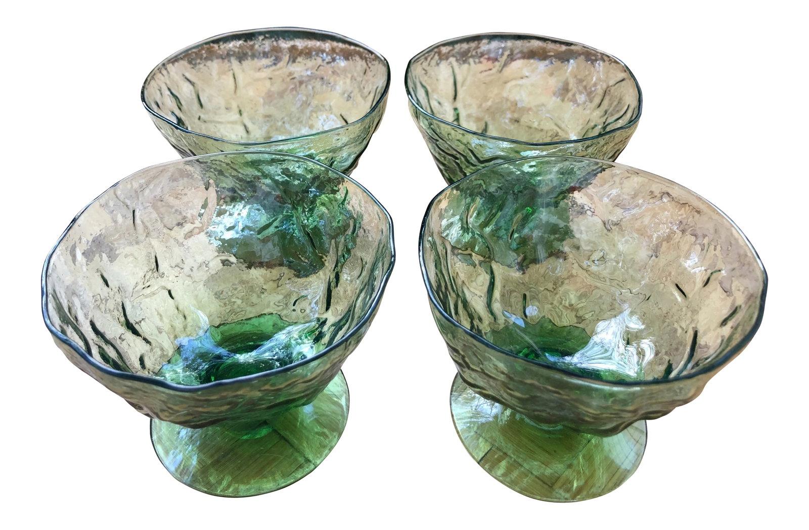 Vintage Seneca Driftwood Champagne Sherbert Glasses in Avocado - Set of 4: These wonderful hand crafted footed "champagne/ tall sherbet" glasses were made by Seneca (Morgantown) in their Driftwood pattern, aka Driftwood Casual. Crinkle glass is sometimes also called wrinkle