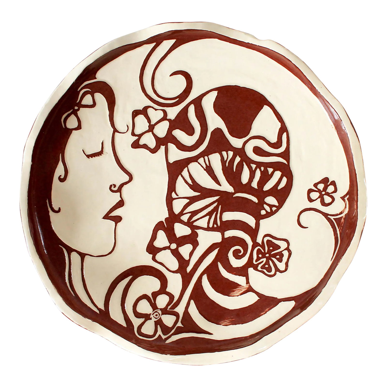 Vintage Whimsical Ceramic Plate: Whimsical brown and cream colored pottery plate with a female, mushroom and floral motif. Signed by artist. Minor age wear. Condition: Alterations: Original Condition Unaltered Imperfections: Some