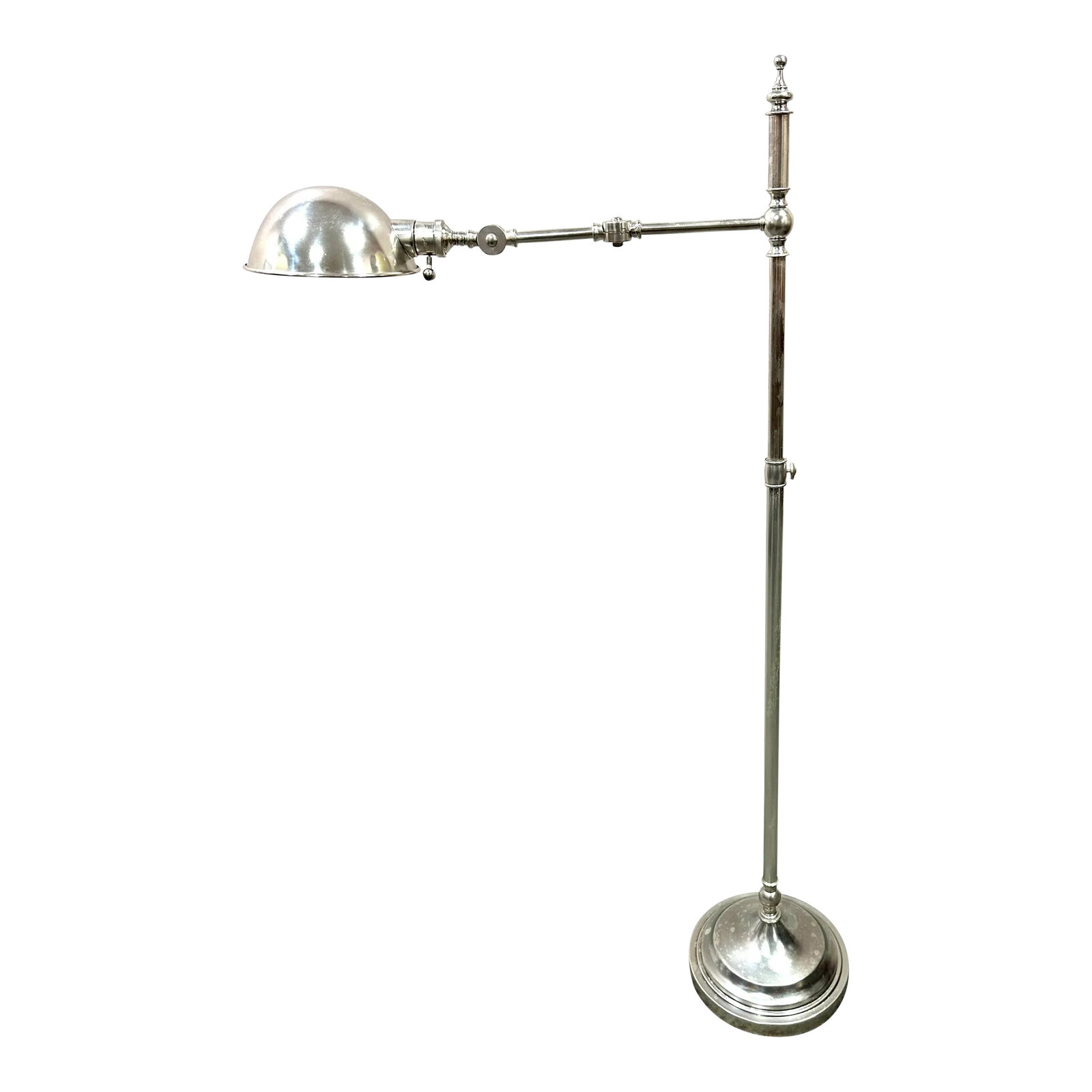 2000s Robert Abbey Brushed Nickel Articulated Floor Lamp: Robert Abbey brushed nickel silver floor lamp. Articulated , adjustable arm, measures 24" x 10" x 50". Great working condition. Thank you! Condition: Alterations: Original Condition Unaltered Imperfec