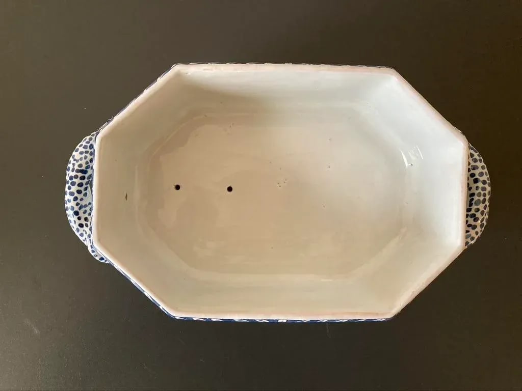 Antique Art Nouveau Blue and White Porcelain Planter Cachepot Jardiniere With English Design - 12