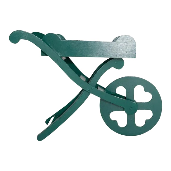 1950s Green Painted Wood Garden Cart: Small charming hand crafted wood flower cart painted green. The cart surface is 17.5" by 11.5". Great for a flower shop or the garden. The wheel does not turn. It is a decorative item. Condition:
